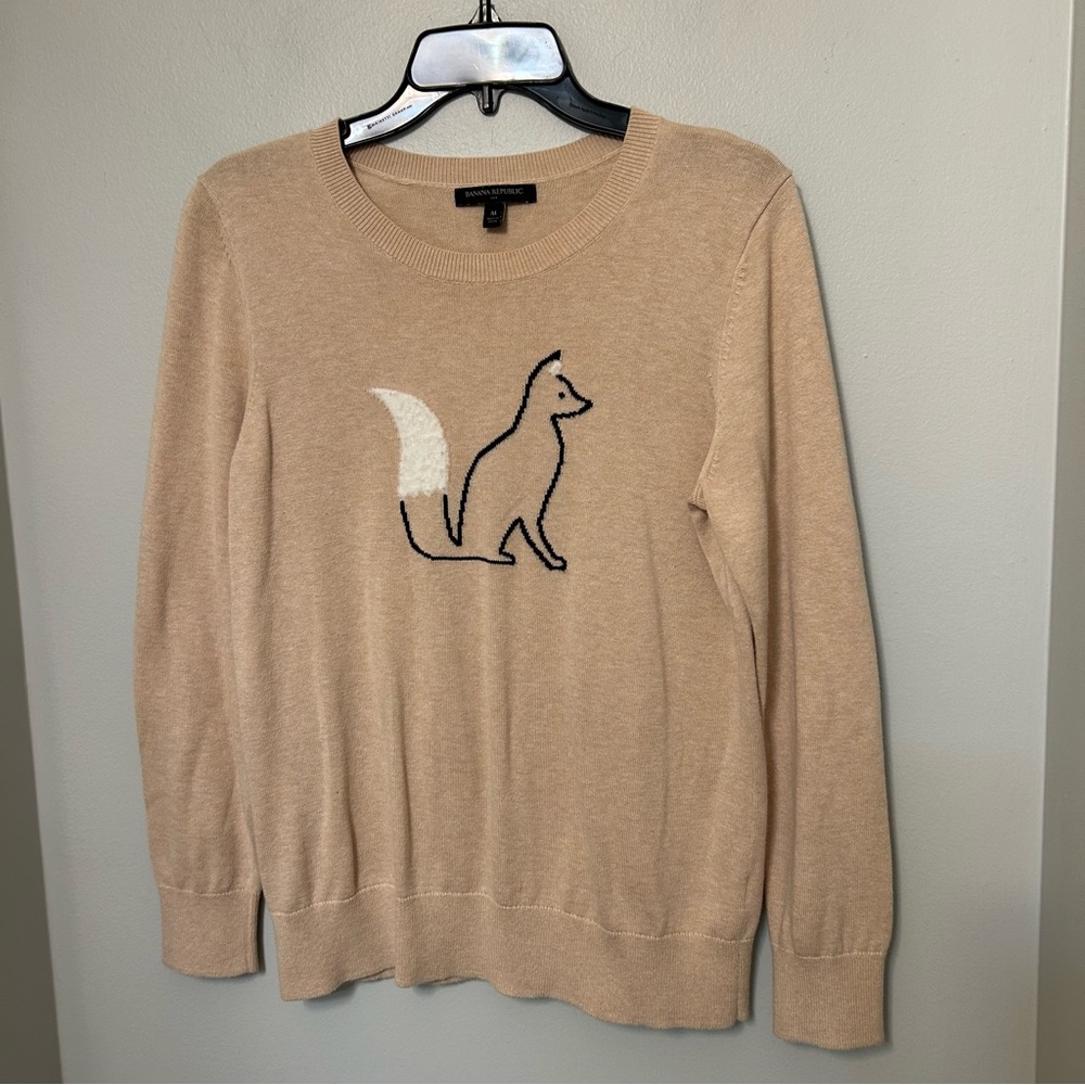 Banana Republic Sweater Fur Fox Beige Tan Brown Crew Neck Long Sleeve Sz M